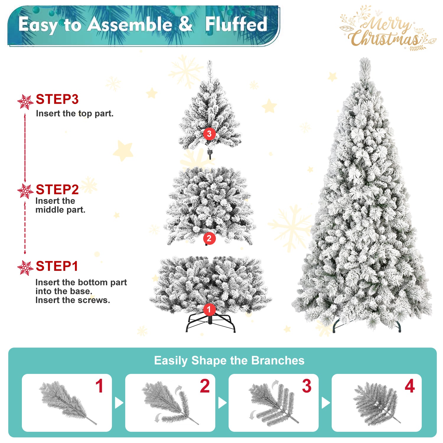 6FT Snow-Flocked Christmas Tree - 752 Tips, 350 Warm White LEDs, Hinged PVC &amp; Hard Needle Branches, Sturdy Metal Stand for Home &amp; Holiday Decor