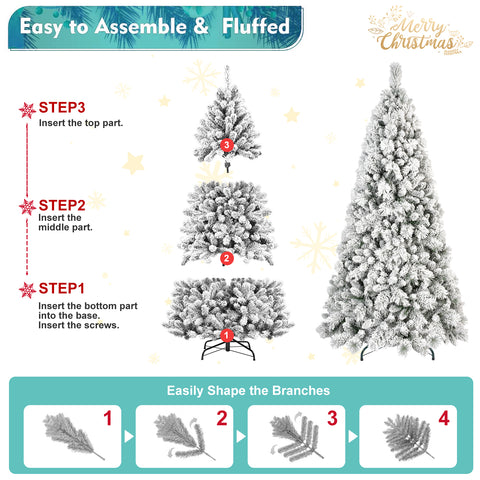 7FT Snowy Flocked Christmas Tree: 1060 Lush Tips, Hinged PVC & Hard Needle Branches, Realistic Full-Body Holiday Decor for Home, Living Room, Office. Stable Metal Stand.