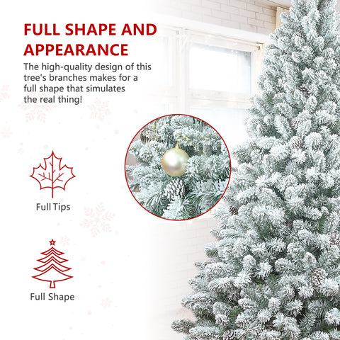 6FT Snow-Kissed Flocked Christmas Tree with 36 Natural Pinecones, Lush 888 PVC Tips, Sturdy Metal Stand - Full Shape Artificial Holiday Decor for Indoor Seasonal Festivities