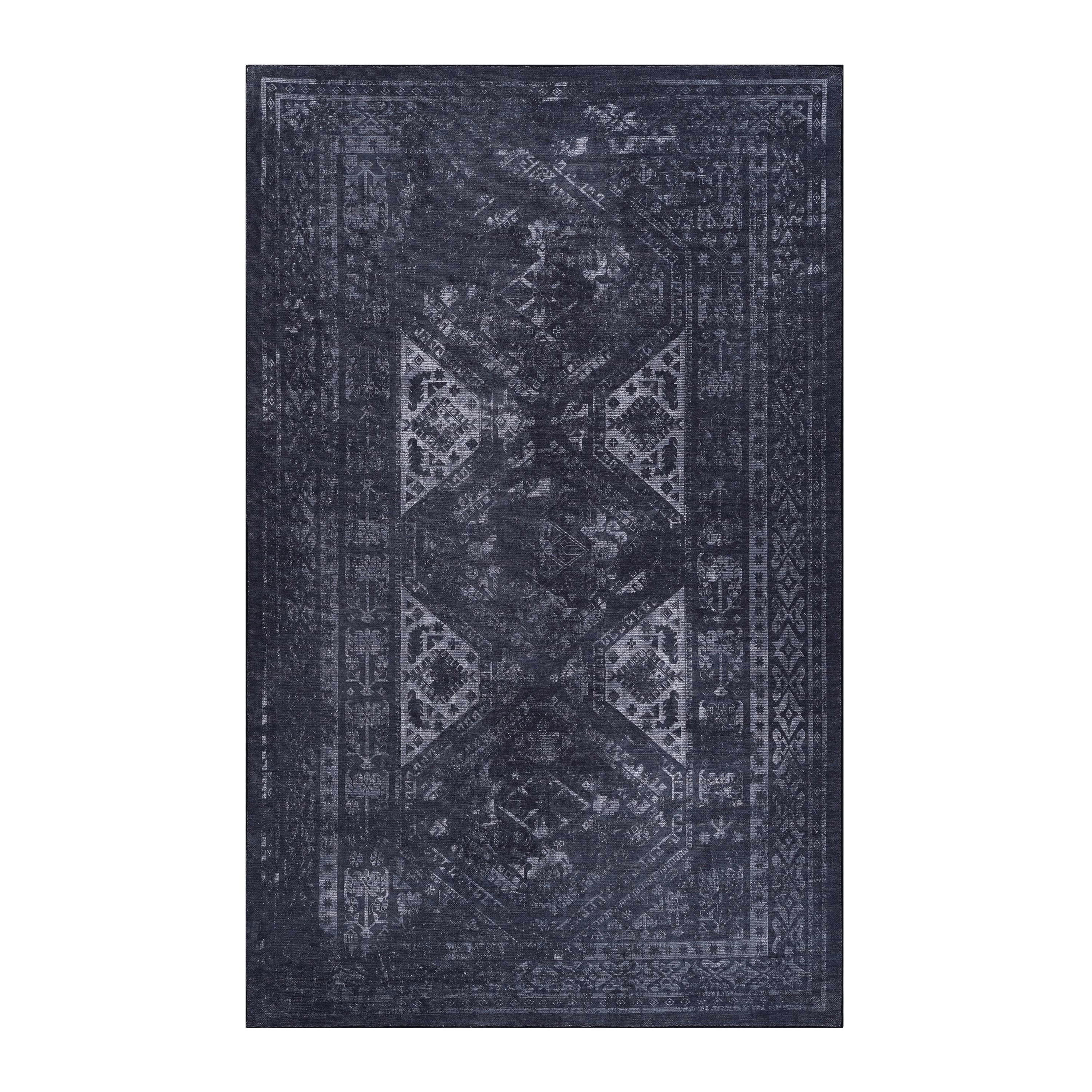 MAVAL 5x8 Washable Area Rug - Soft Chenille Polyester Black+Gray Boho Style, Low Pile, Non-Slip, Stain-Resistant for Living Room, Bedroom, Hallway, Kitchen