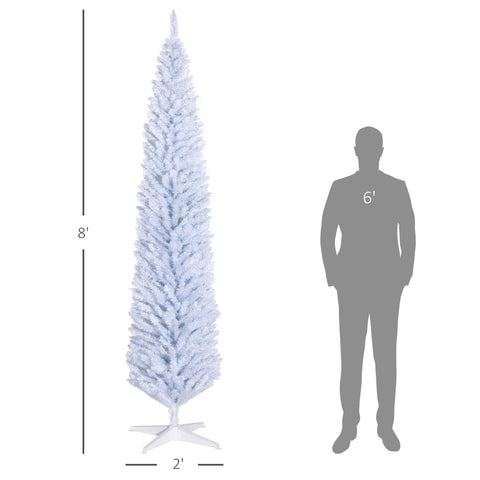 HOMCOM 8ft White Slim Pencil Christmas Tree - Unlit Artificial Xmas Tree with 618 Realistic Branch Tips &amp; Sturdy Plastic Stand for Cozy Home &amp; Holiday Decor