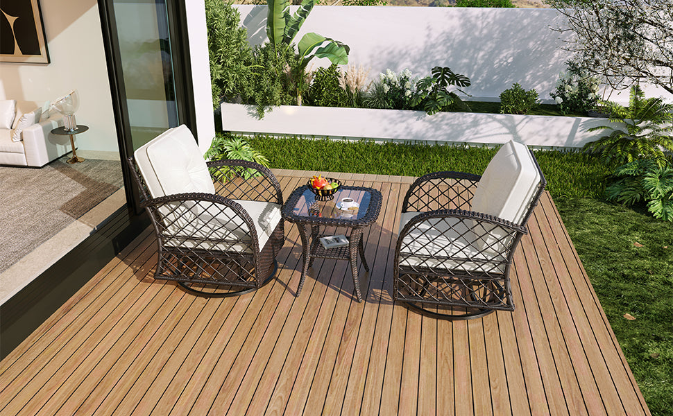 3-Piece Brown Rattan Outdoor Chat Set: 2 Swivel Rocker Chairs &amp; Glass Top Table for Garden Patio Balcony, Weather-Resistant Wicker Seating Group with Cushions