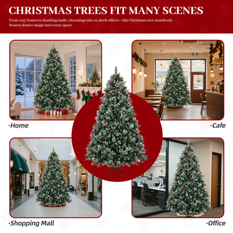 8ft Snow Frosted Artificial Christmas Tree: 1550 PE/PVC Tips, Pre-Decorated w/ Pinecones &amp; Berries, Hinged Branches, Metal Stand, Easy Assembly for Home &amp; Office Holiday Decor