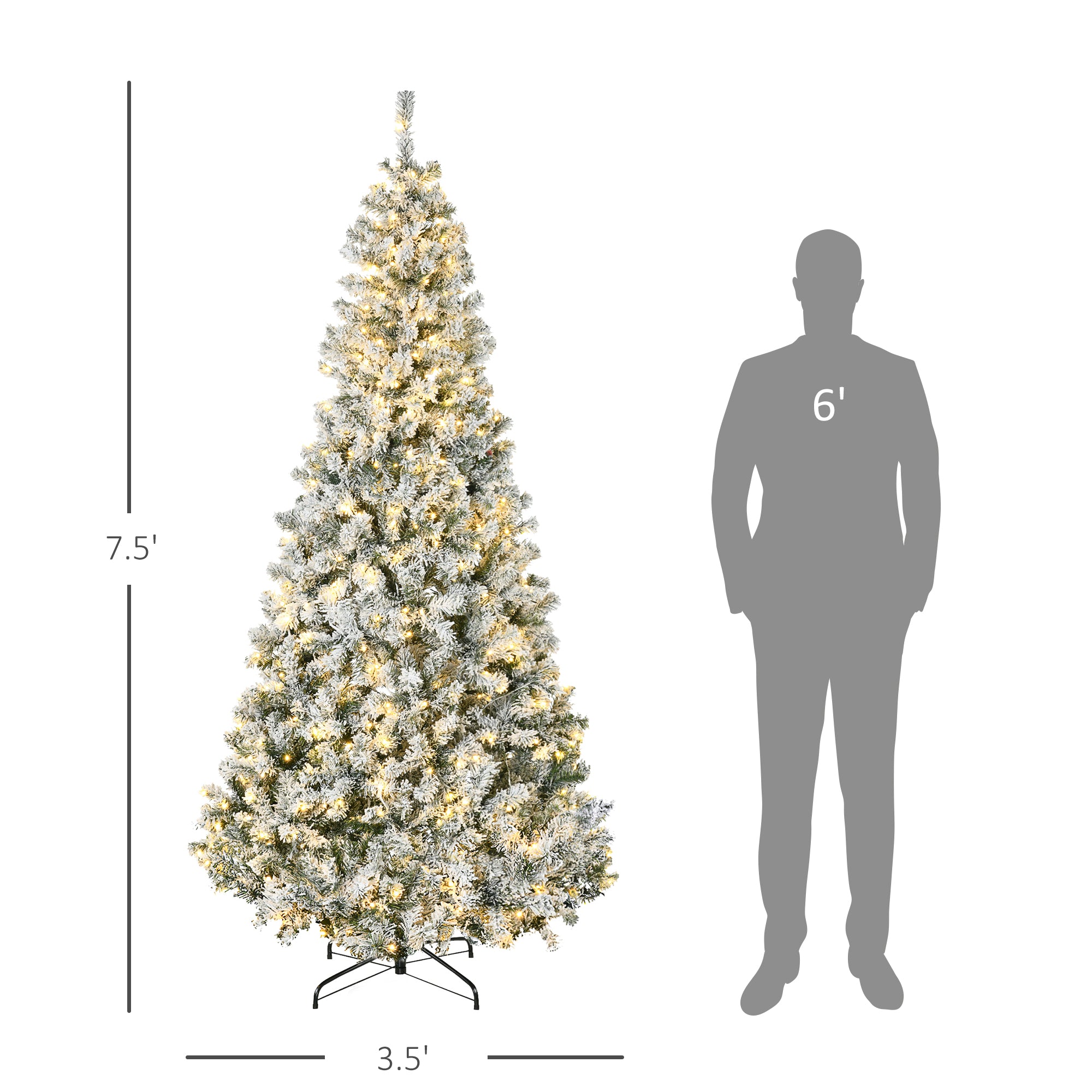 HOMCOM 7.5ft Snow Flocked Artificial Christmas Tree | 1188 Branches, 500 Warm White LED Lights, Auto Open, Green | Realistic Holiday Decor for Indoor Home & Fireplace Ambiance