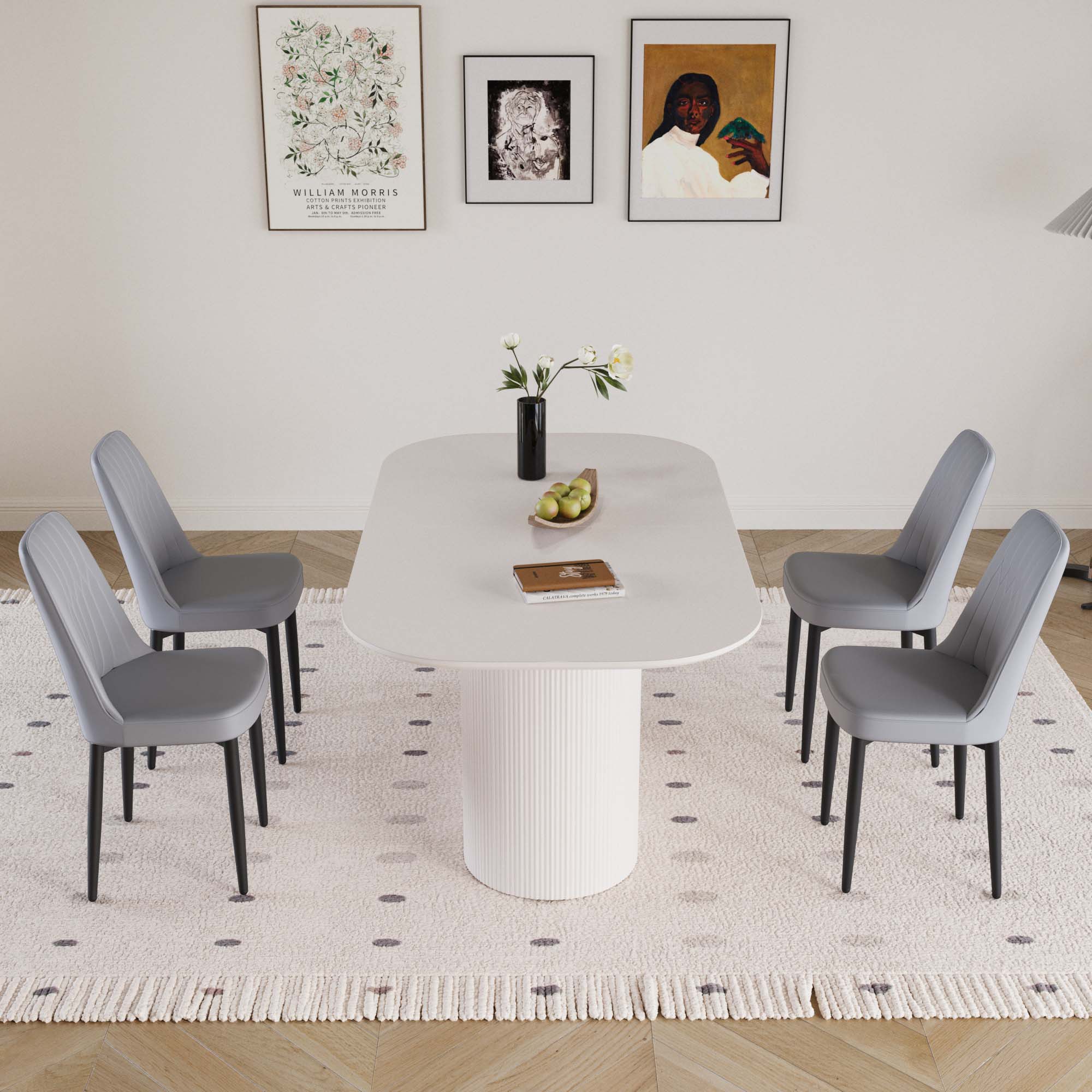 63" Cream Modern MDF Dining Table Set with 4 PU Leather Chairs, Black Metal Legs, Ergonomic Design, Stain-Resistant Tabletop, Perfect for Home Kitchen & Dining Room