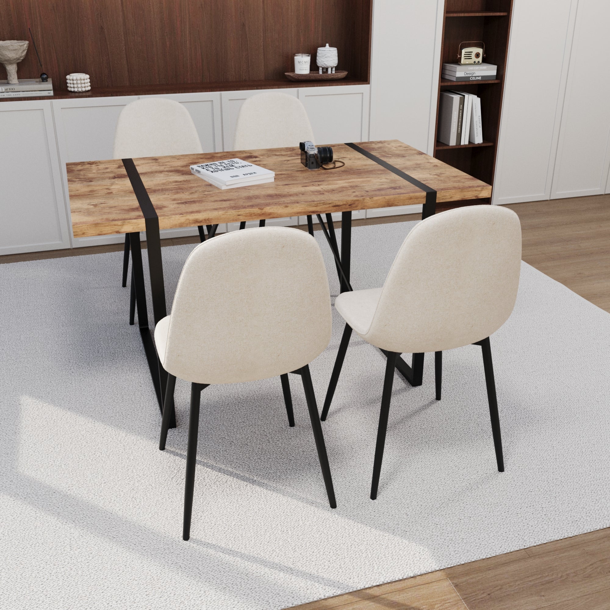 55" Dark Wood Dining Table Set with 4 Beige Suede Chairs - Modern Industrial MDF & Metal Base Kitchen & Dining Room Furniture - Ergonomic Comfort & Easy Assembly