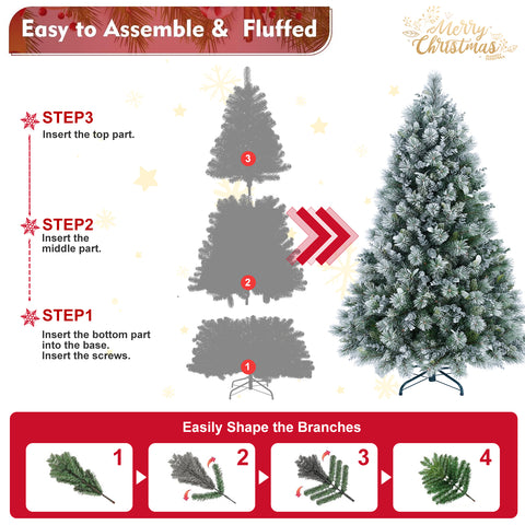 4FT Snowy Flocked Christmas Tree | Pine & Eucalyptus Mix | 404 Tips | Hinged Branches | Metal Stand | White & Green | Indoor Holiday Home & Office Decor