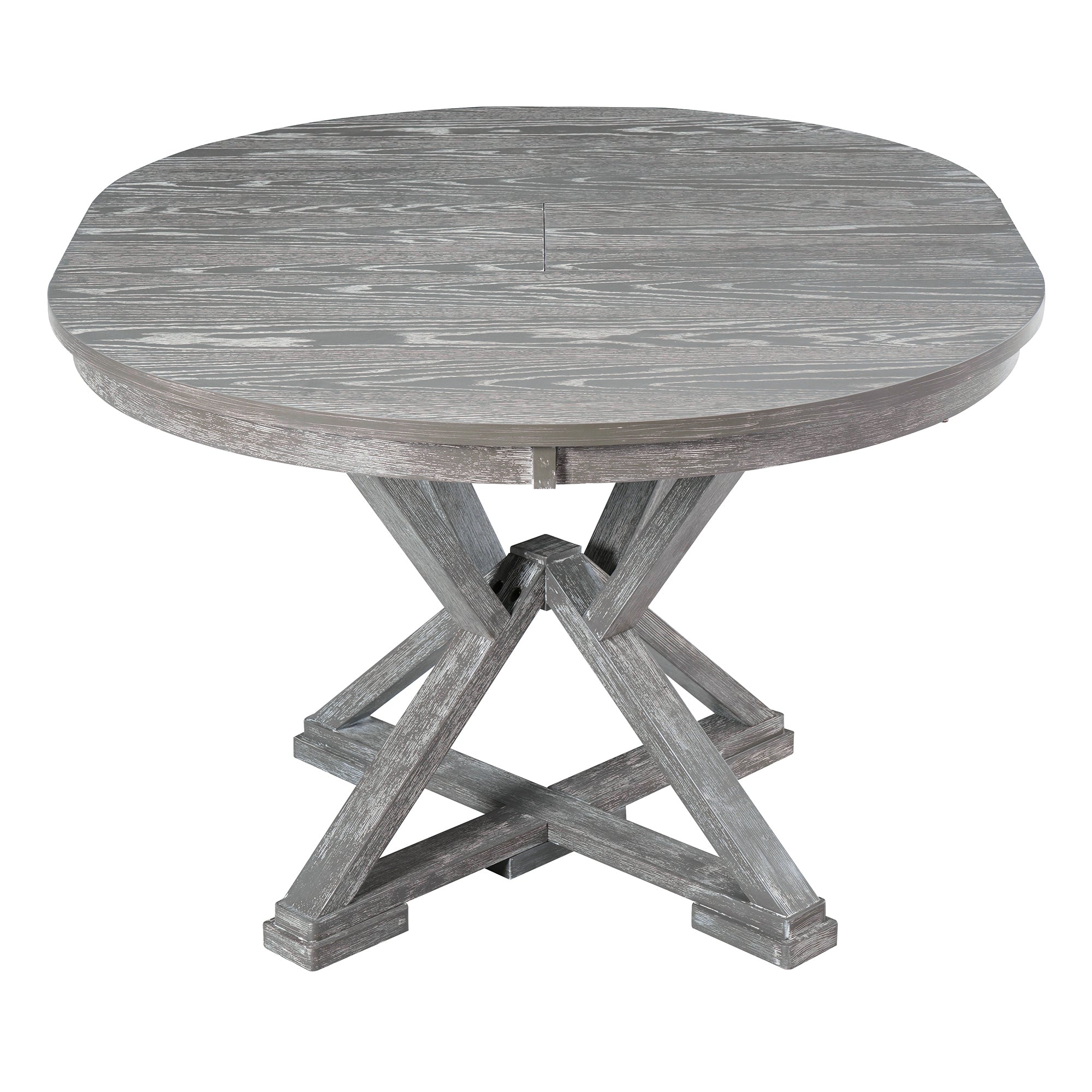 TREXM 5-Piece Extendable Round Dining Table Set for 4 - Vintage Grey Rubberwood & Linen Upholstered Chairs - 42"-54" Oval/Round Table for Kitchen, Dining Room, Living Room