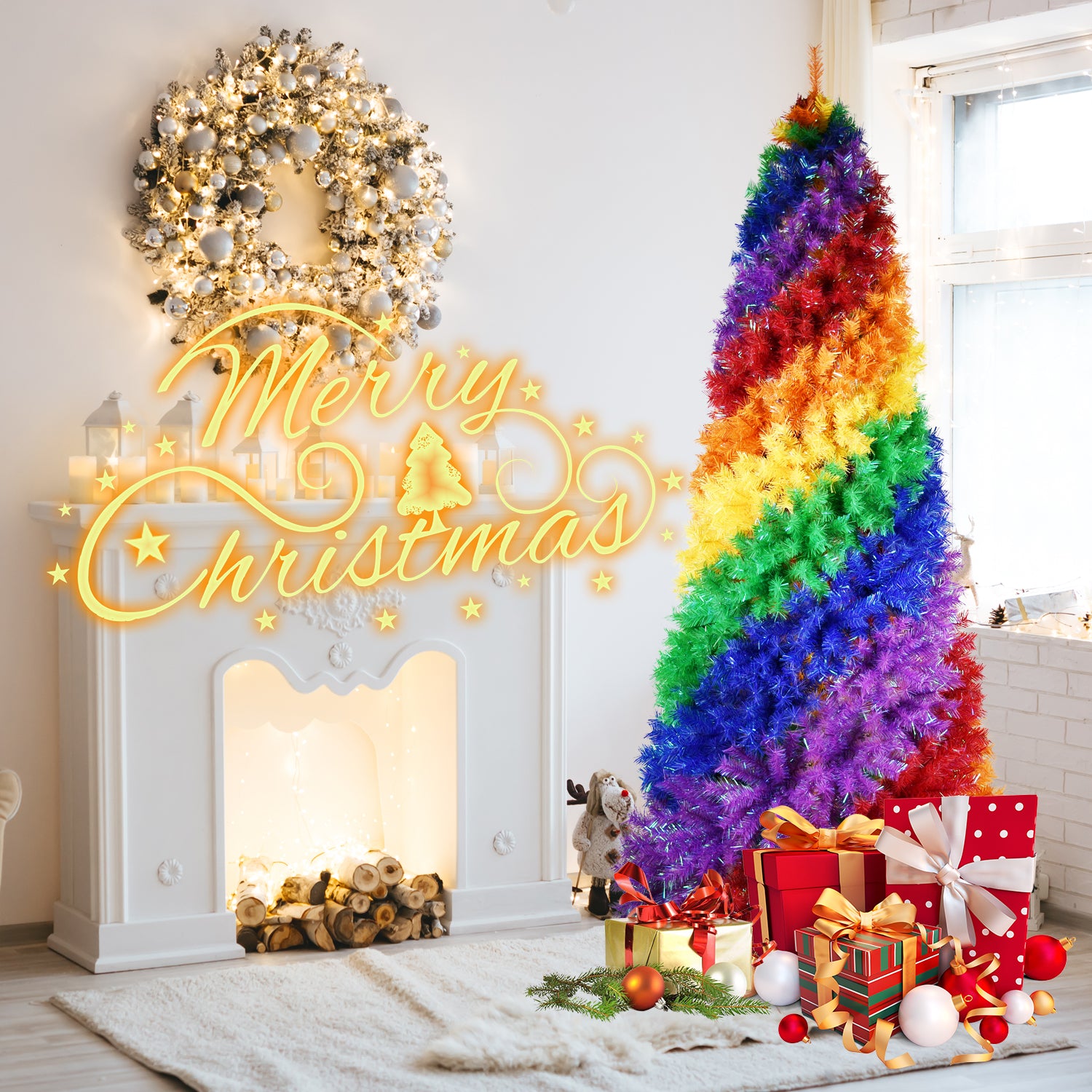 7.5ft Rainbow Spiral Christmas Tree: Vibrant PVC Artificial Holiday Tree with 1825 Lush Tips &amp; Sturdy Metal Stand for Indoor Festive Decor