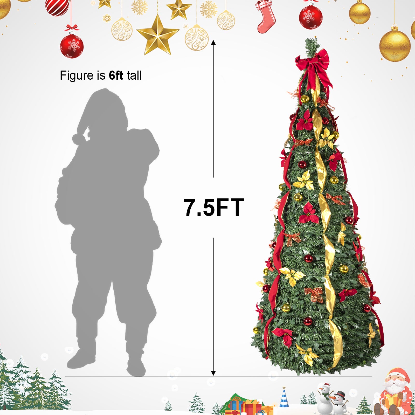 7.5FT Pop-Up Christmas Tree: Pre-Lit w/ 200 Warm White UL Lights, Fully Decorated Red &amp; Gold Ornaments, Flowers, Ribbons. Easy Assembly, Space-Saving Collapsible Holiday Decor for Homes &amp; Apartments.