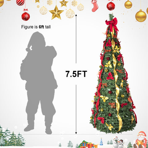 6FT Pop-Up Christmas Tree: Pre-Lit Warm White UL Lights &amp; Fully Decorated Red/Gold Ornaments, Ribbons, Flowers. Easy Instant Setup, Collapsible PVC for Small Spaces &amp; Apartments. Festive Holiday Decor.