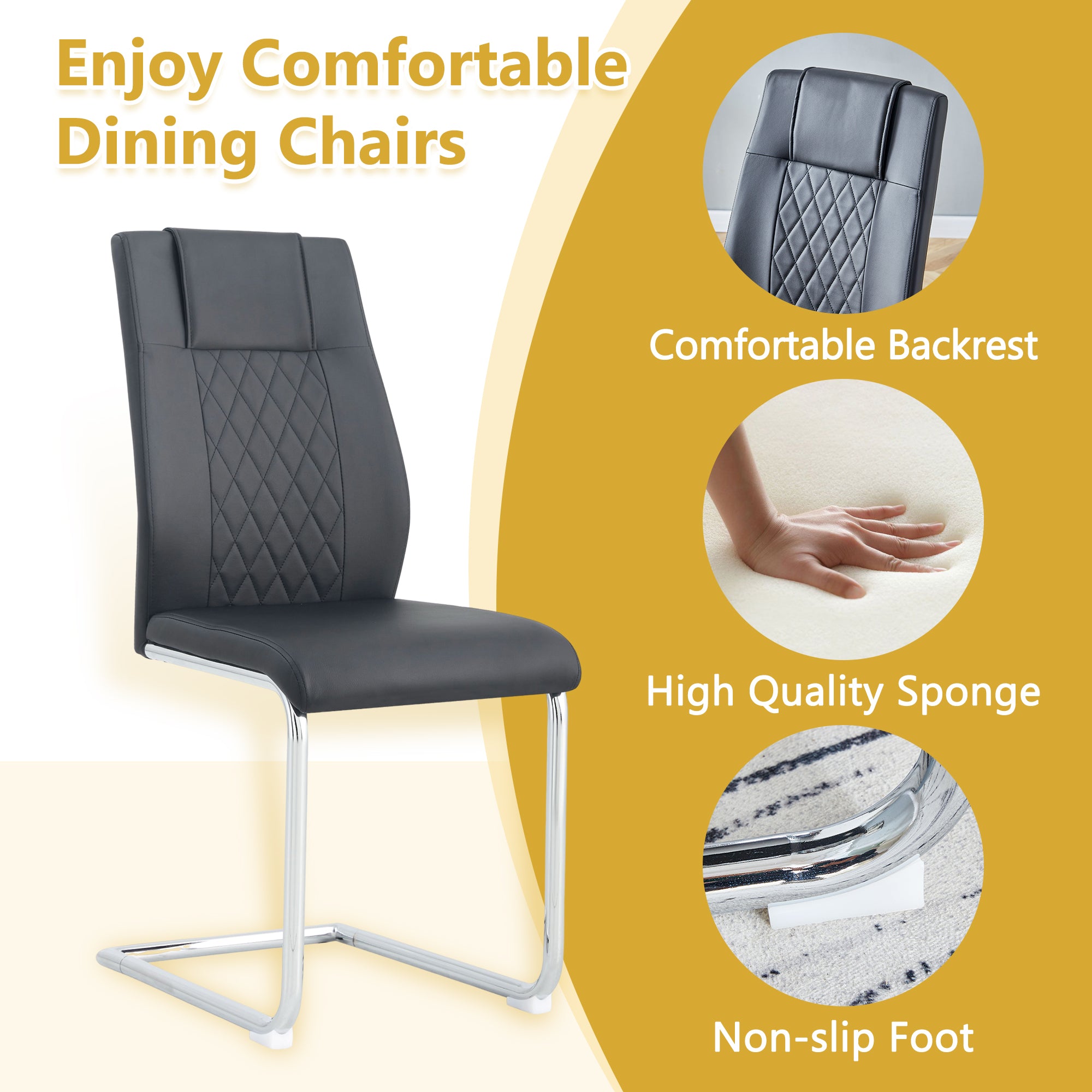 55" Cream-Style White MDF Dining Table Set with 6 Black PU Chairs & Silver Metal Legs - Modern Kitchen Furniture for Family Meals, Seats 6, Durable & Easy Assembly