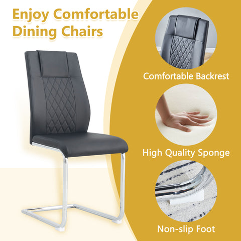 55" Cream-Style White MDF Dining Table Set with 6 Black PU Chairs & Silver Metal Legs - Modern Kitchen Furniture for Family Meals, Seats 6, Durable & Easy Assembly