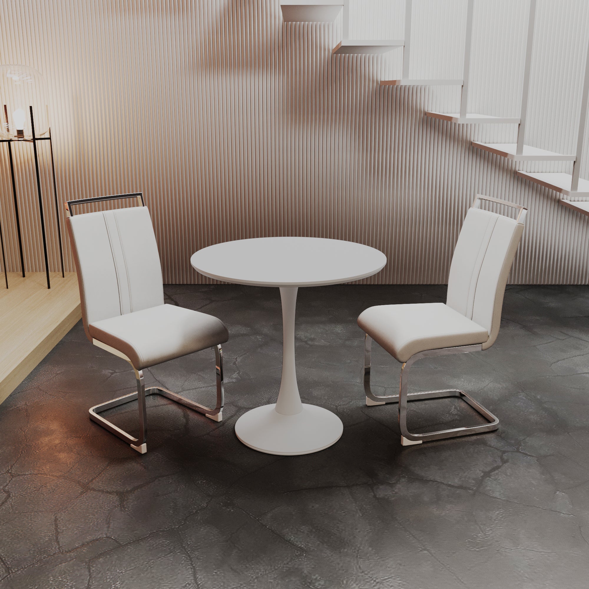 31.5" White Round Tulip Dining Table Set for 2-4 People, MDF Top & Base with 2 White PU Leather Metal Leg Chairs, Modern Kitchen & Small Space Furniture