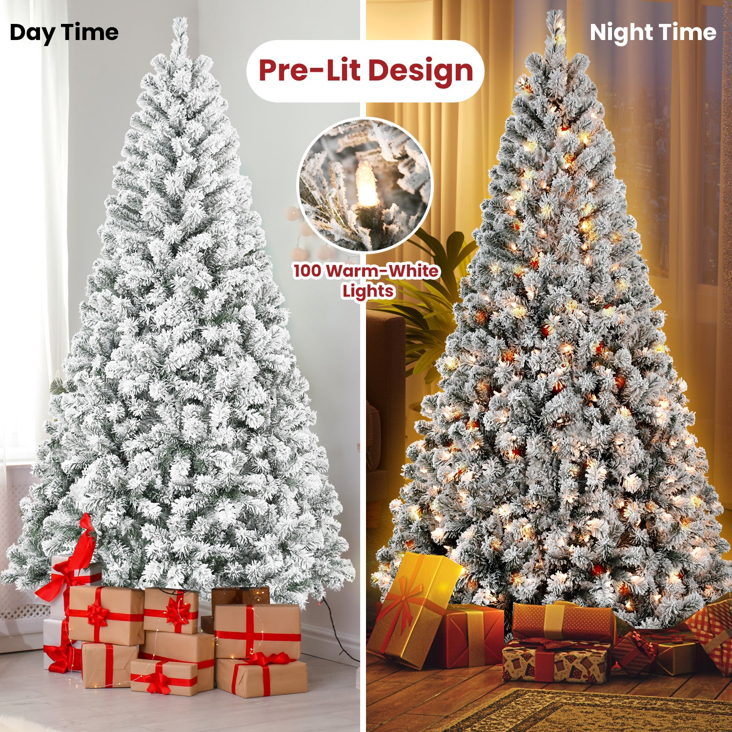 4FT Snow-Flocked Christmas Tree with 100 Warm White Incandescent Lights - Realistic Snowy Artificial Holiday Tree, 233 Tips, Sturdy Metal Stand for Cozy Home, Office, Apartment Decor