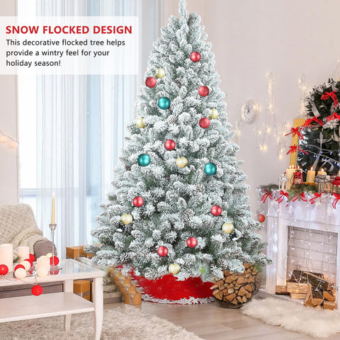5FT Snowy Flocked Christmas Tree with Pine Cones: Full Shape PVC Artificial Holiday Tree, 600 Tips, 27 Natural Pinecones, Sturdy Metal Stand, Green &amp; White for Indoor Seasonal Decoration