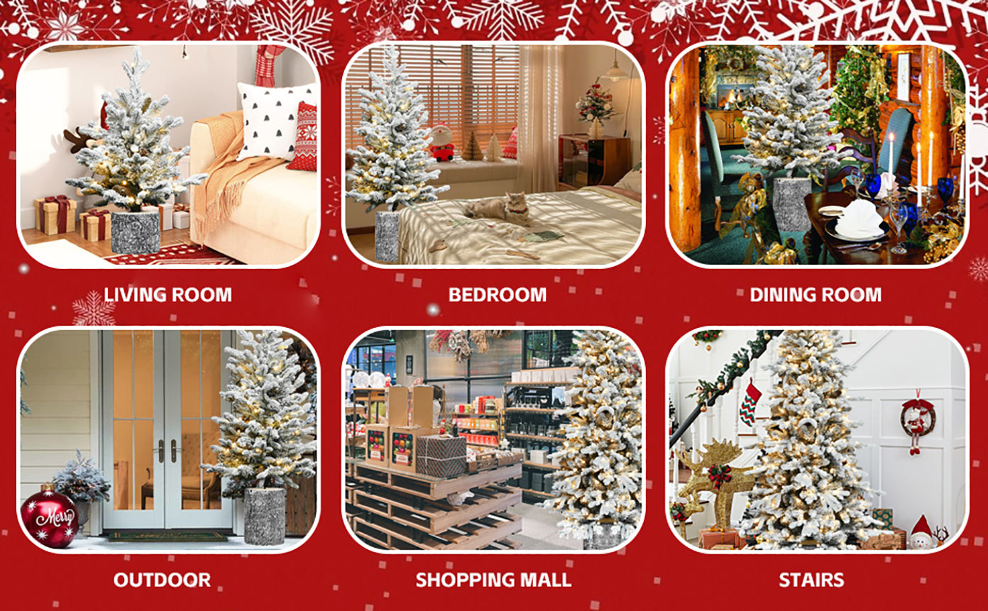 6.5FT Flocked White Christmas Tree with Pot Base: 350 Warm White LEDs, 1386 PE+PVC Snow-Frosted Tips, 31 Pine Cones - Realistic Prelit Holiday Decor for Tabletop, Entryway, Home