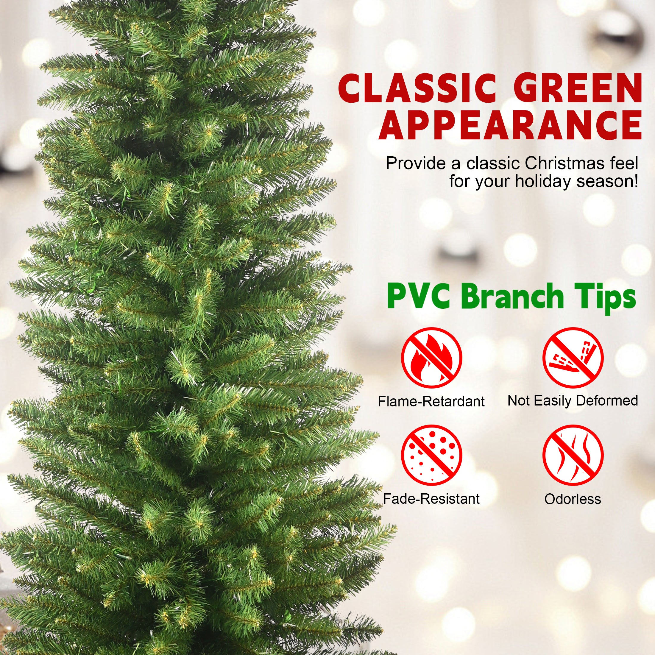 5FT Slim Green Pencil Christmas Tree - Realistic PVC with 263 Tips, Space-Saving Design, Stable Metal Stand for Small Homes, Apartments &amp; Corners