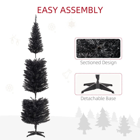 7ft Black Pencil Christmas Tree - Pre-lit Warm White LED, Realistic Flame-Retardant Artificial Xmas Tree for Indoor Decor, Slim Space-Saving Design