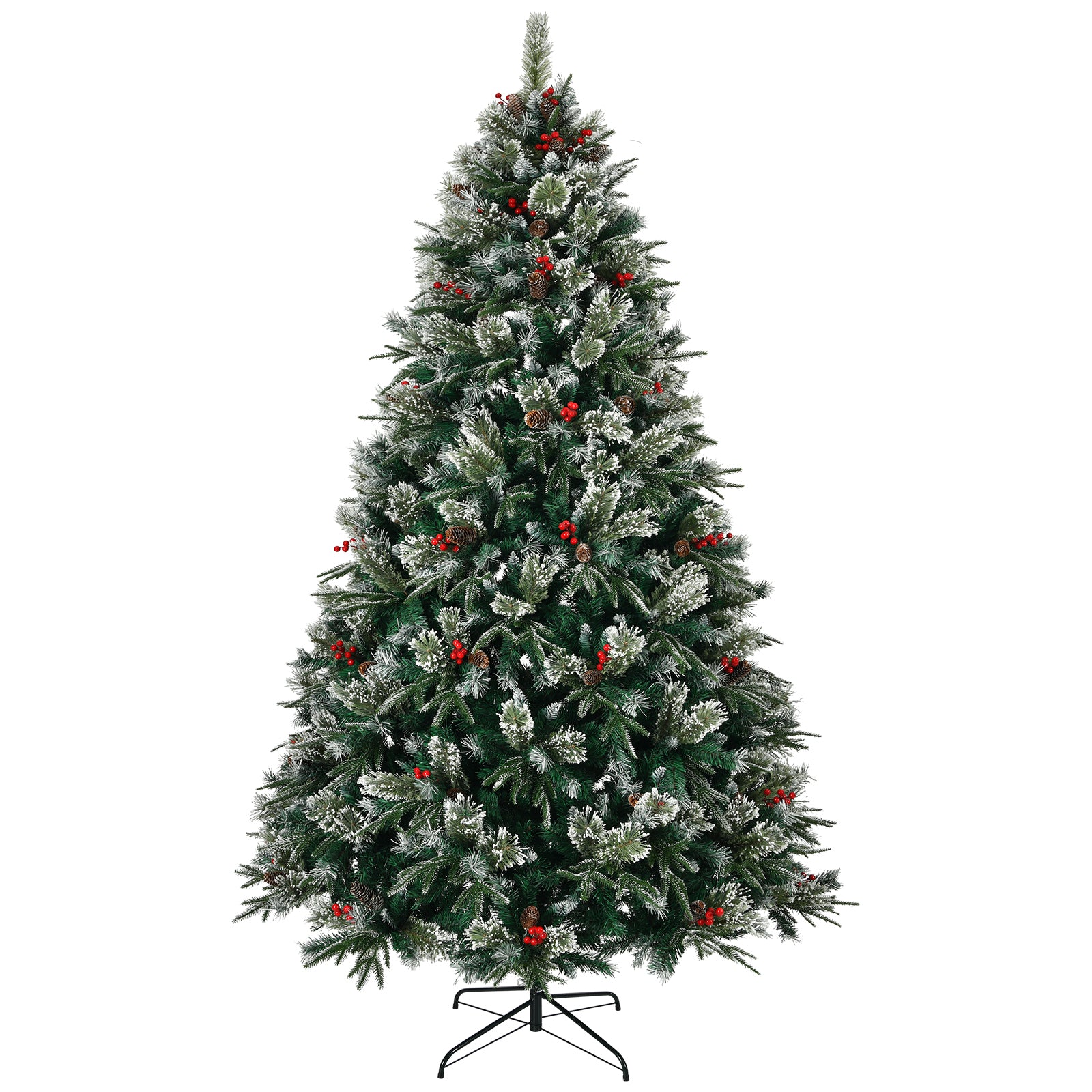 8ft Snow Frosted Artificial Christmas Tree: 1550 PE/PVC Tips, Pre-Decorated w/ Pinecones &amp; Berries, Hinged Branches, Metal Stand, Easy Assembly for Home &amp; Office Holiday Decor