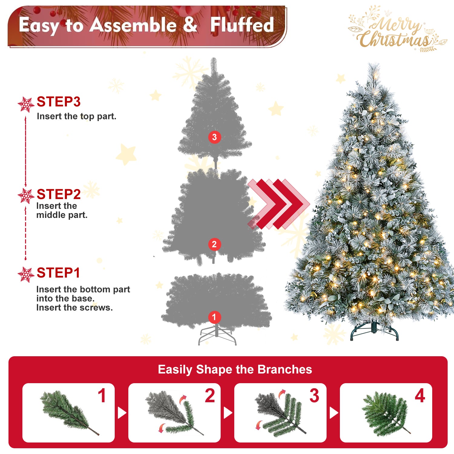 4FT Snow-Flocked Christmas Tree: Pine & Eucalyptus Mix, 150 Warm White LEDs, 404 Hinged Tips, Metal Stand - Realistic Snowy Artificial Tree for Cozy Holiday Decor