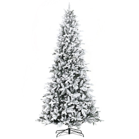 HOMCOM 9ft Snow Flocked Pine Artificial Christmas Tree | 616 Realistic Cedar Branches, Auto Open, Flame Retardant | Green | Home Holiday Decor, Living Room, Indoor Use