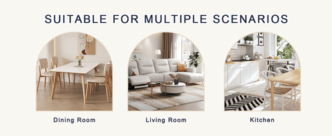 Table and chair set.A minimalist retro rectangular dining table with a specially textured top and black metal legs.Paired With 4 Black Artificial PU Chairs With Curved Widened Cushion Design.