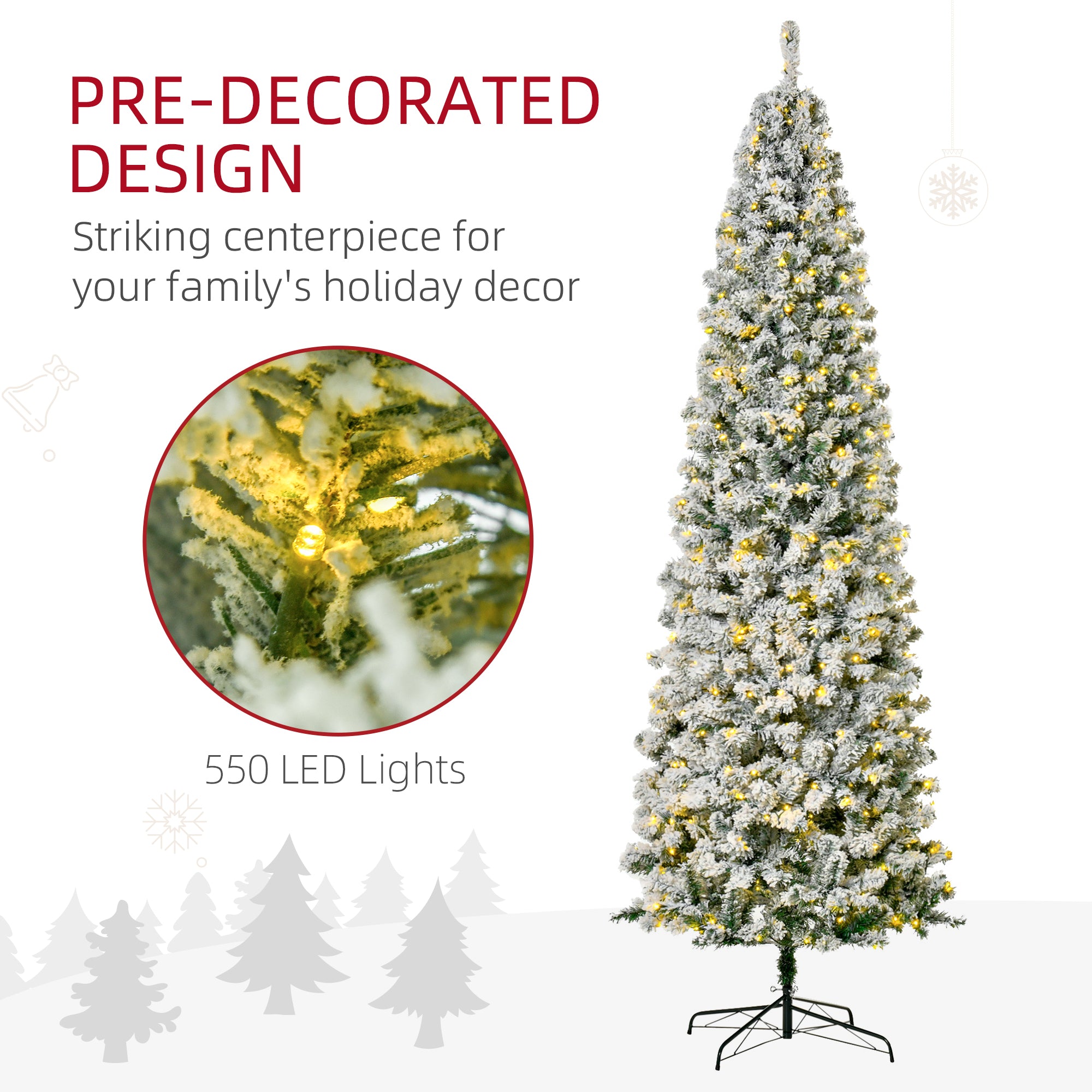 HOMCOM 9ft Snow-Flocked Slim Douglas Fir Artificial Christmas Tree, 550 Warm White LED Lights, 988 Realistic PVC Tips, Hinged Design, Sturdy Steel Base for Indoor Holiday Decor