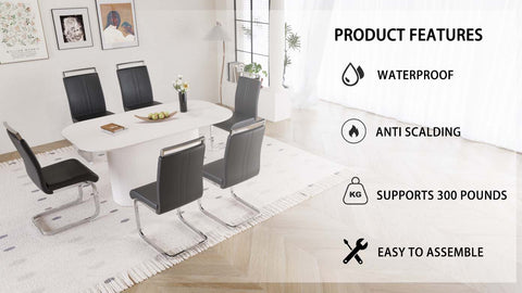 63" Cream Modern MDF Dining Table Set for 6: PU Leather Armless Chairs with Silver Metal Legs, Stain-Resistant Tabletop, Perfect for Home Kitchen & Dining Room Gatherings