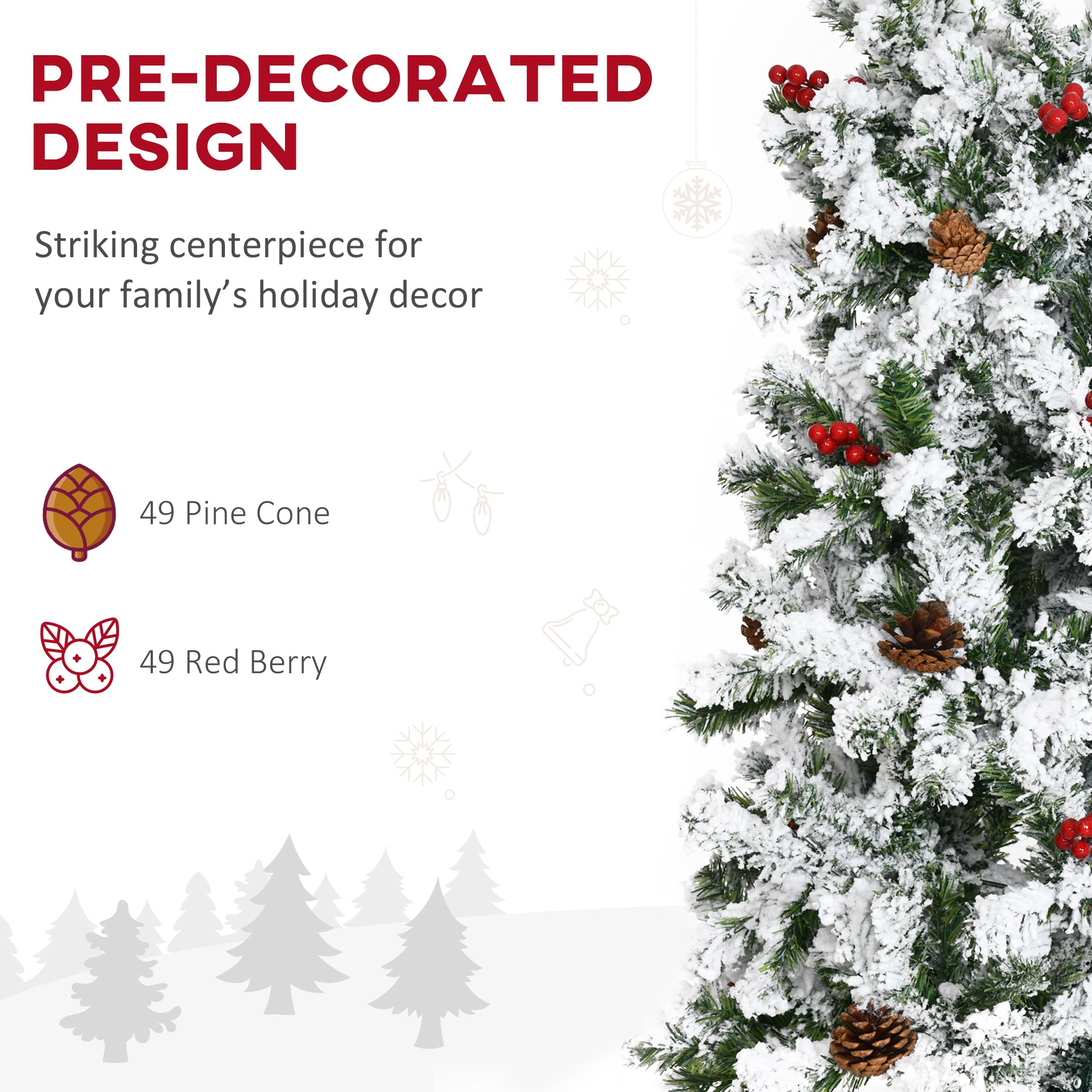 HOMCOM 9ft Pencil Snow Flocked Christmas Tree: Realistic Pine Branches, Pine Cones &amp; Red Berries, Auto-Open, Flame Retardant, Green Plastic for Festive Home Decor