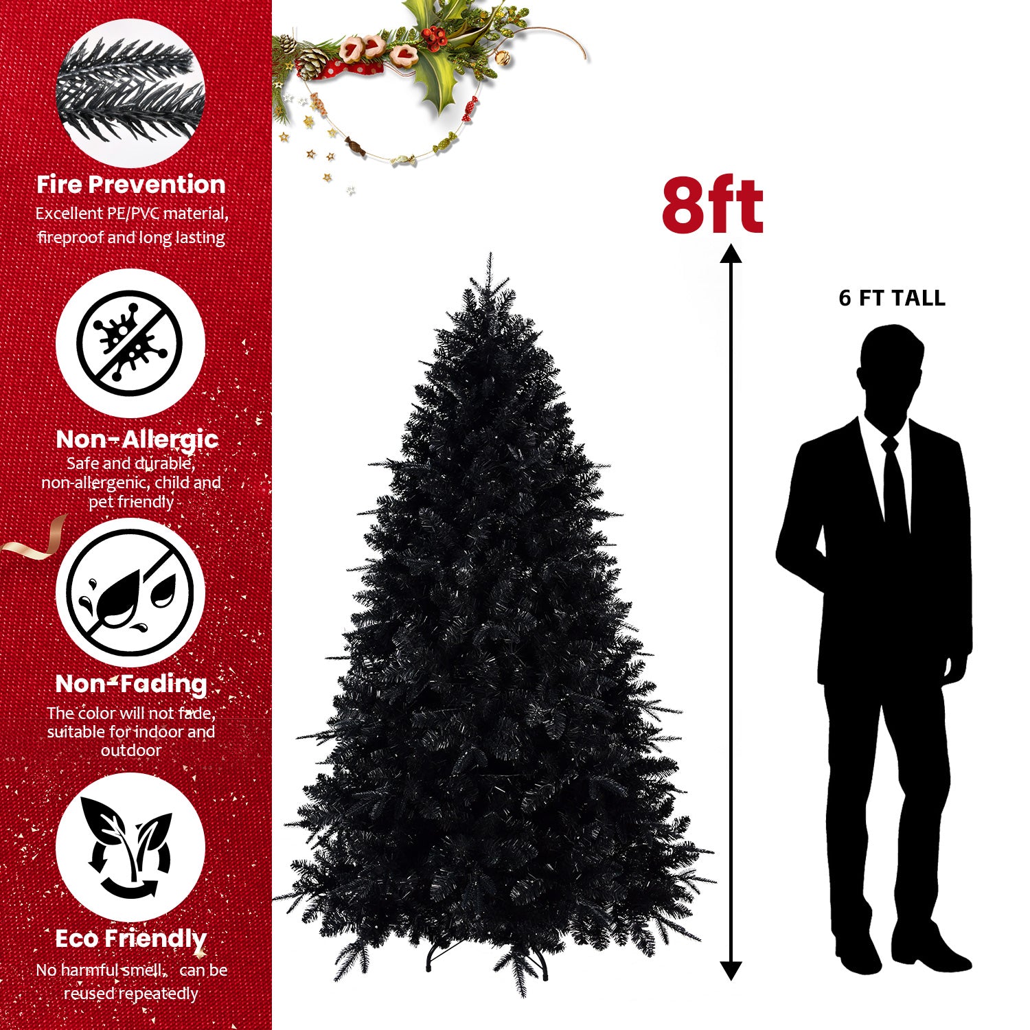 9ft Black Artificial Christmas Tree with 750 White LED Lights, 3176 PE+PVC Tips, Hinged Structure &amp; Metal Stand for Halloween &amp; Holiday Decor