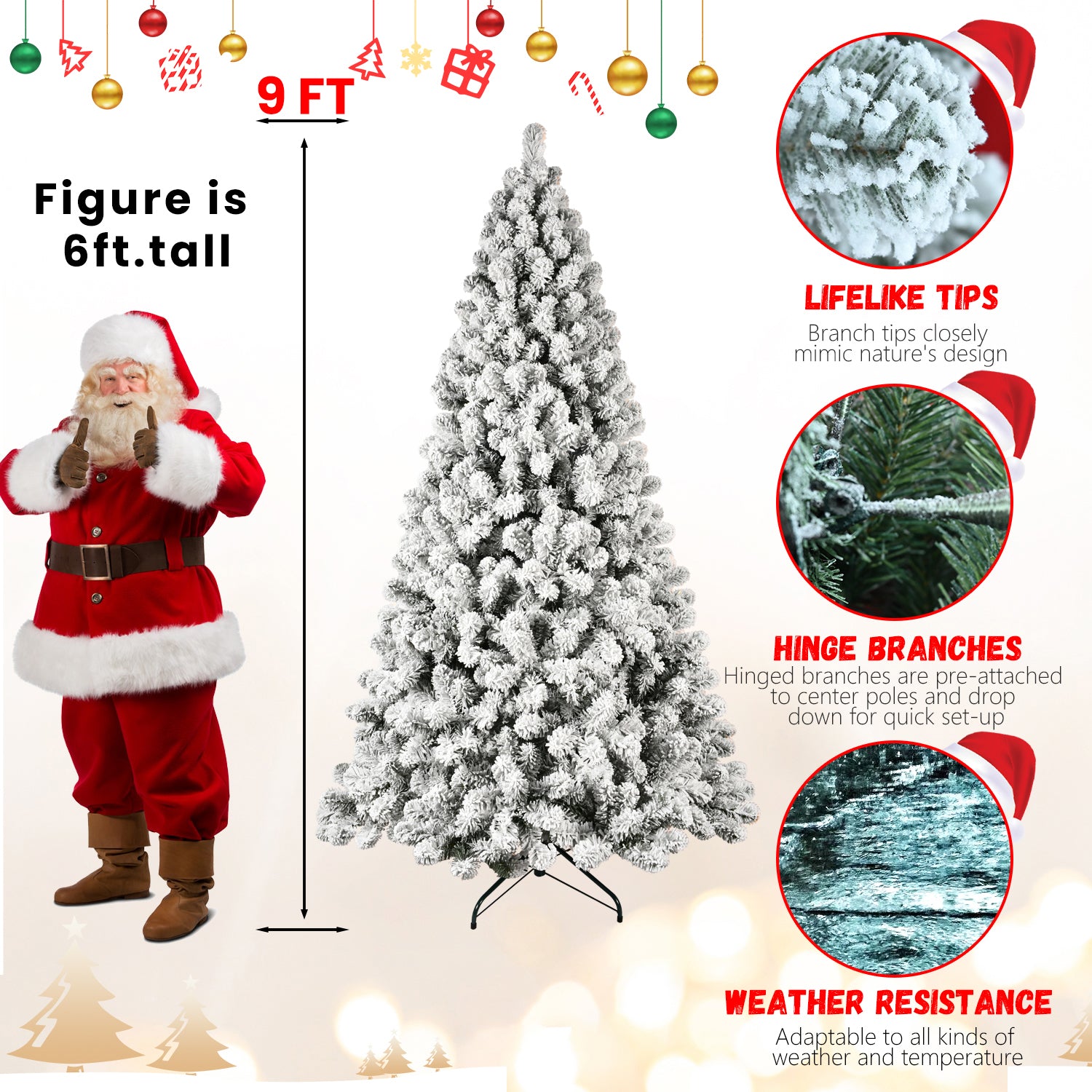 6ft Snow-Flocked Pre-Lit Christmas Tree - 300 Warm White UL Lights, Auto-Unfold Memory Wire, Easy Assembly, Stable Metal Stand - Snowy Holiday Decor for Home &amp; Office