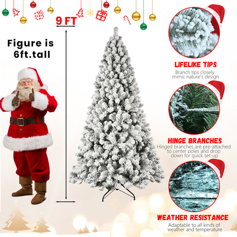 7ft Snow-Flocked Pre-Lit Christmas Tree | 400 Warm White UL Lights | Auto-Unfold Memory Wire | Stable Metal Stand | PVC | Green/White | Indoor Holiday Decor