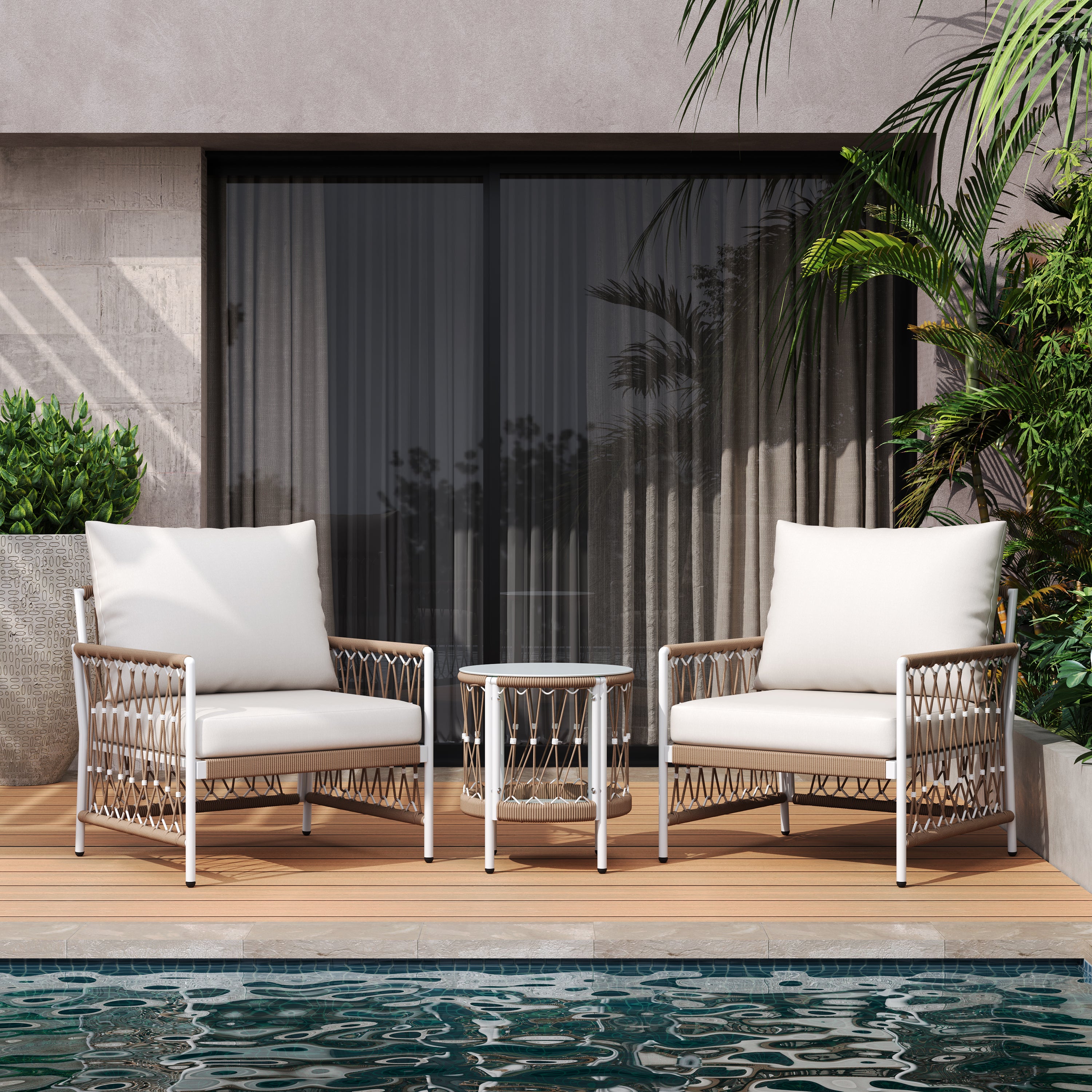 Boho 3-Piece Outdoor Furniture Set: 2 Lounge Chairs & Glass Side Table | Handwoven Rope, Powder-Coated Steel | Waterproof Cushions | Patio, Garden, Poolside Relaxation