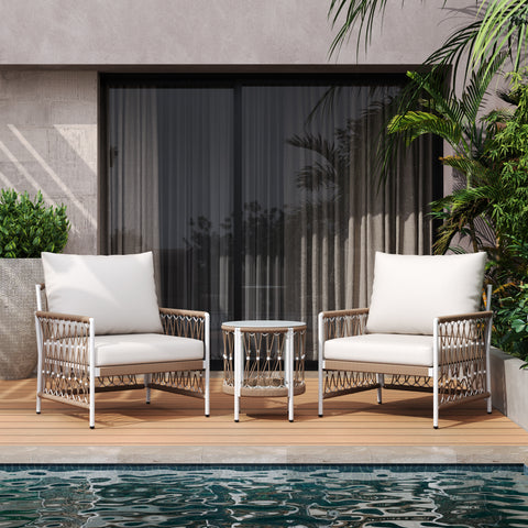 Boho 3-Piece Outdoor Furniture Set: 2 Lounge Chairs & Glass Side Table | Handwoven Rope, Powder-Coated Steel | Waterproof Cushions | Patio, Garden, Poolside Relaxation