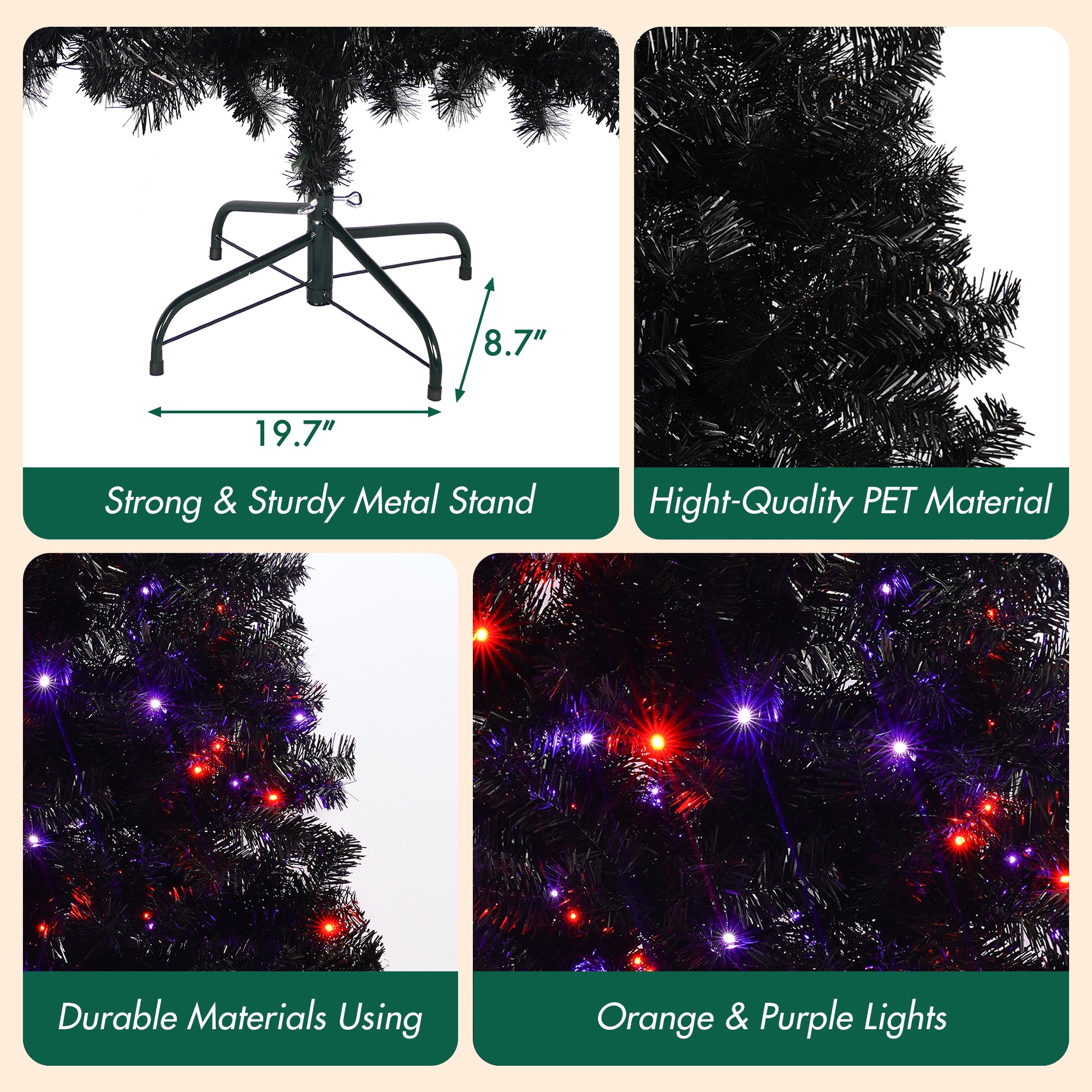6ft Black Artificial Christmas Tree with LED Lights: Whimsical Hat-Shaped, 900 PET Tips, 250 Orange/Purple Lights, Hinged Branches, Metal Stand for Indoor Holiday Decor