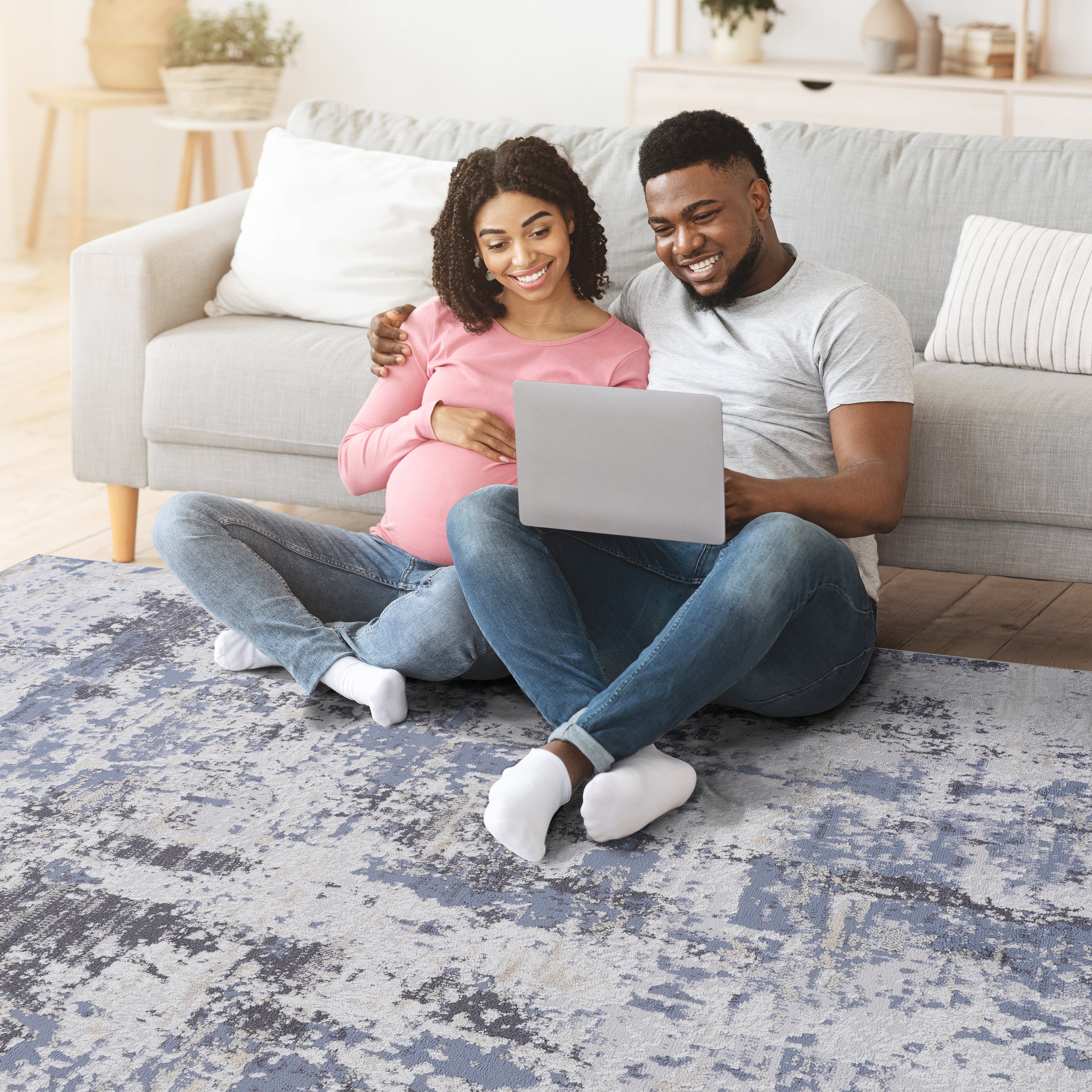 PAYAS Collection 2'x8' Runner Rug - Stain Resistant, Non-Shedding Grey/Denim Abstract Polyester for Living Room, Bedroom, Entryway. Durable, Easy Care, Kid &amp; Pet Friendly, Medium Pile, Turkish Made