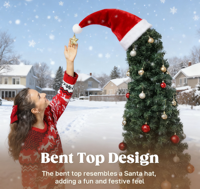 7ft Prelit Bent Top Christmas Tree: Slim High Mountain Fir with 300 Warm White LEDs & 8 Modes, Whimsical Santa Hat Design, Metal Stand, Flame-Retardant Plastic, Green, 84" Tall for Cozy Home Decor