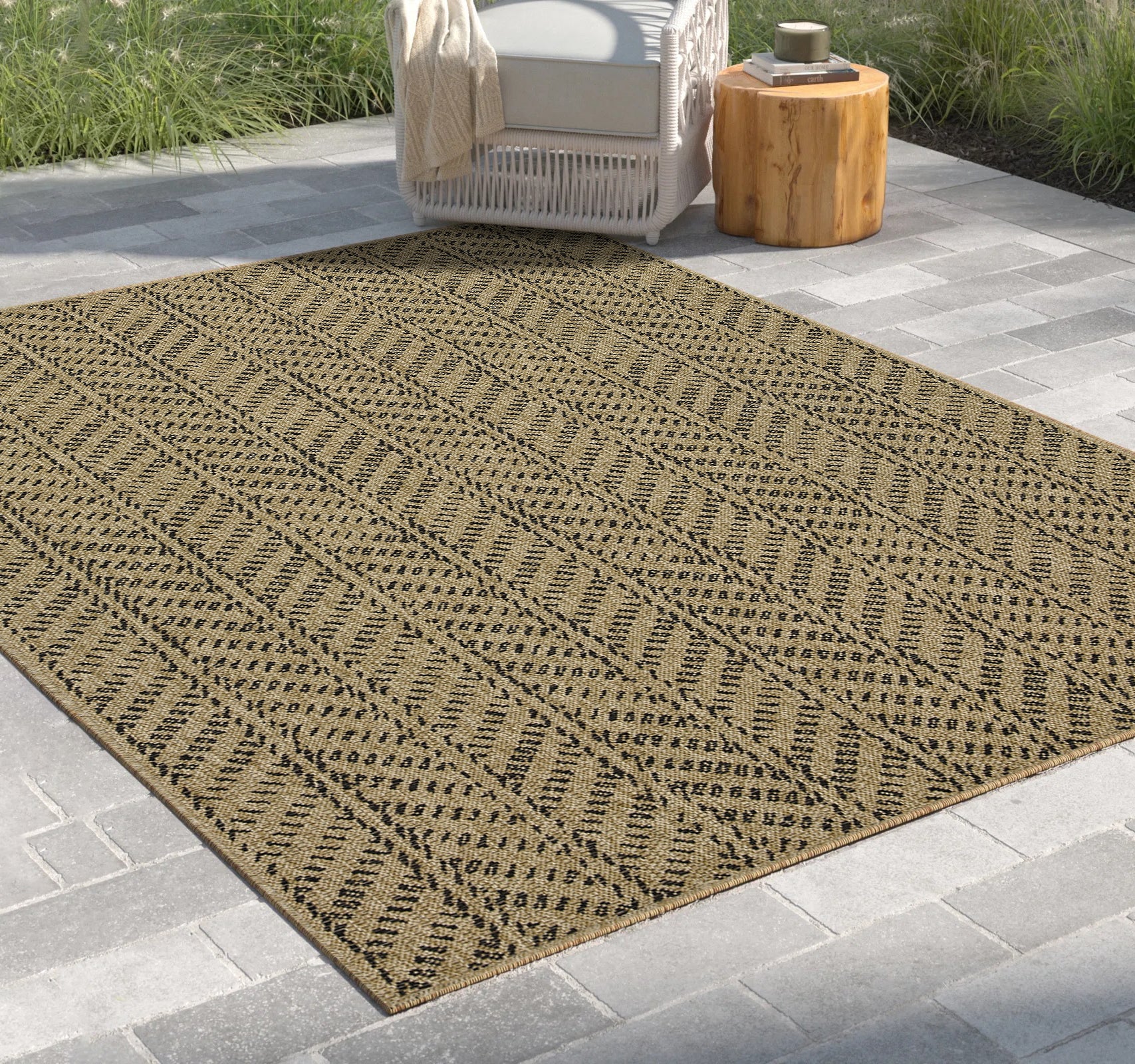 Earth Collection Jute/Black 5'3" x 7'3" Indoor Outdoor Area Rug - Durable Polypropylene, Stain-Resistant, Easy Clean Patio Deck Entryway