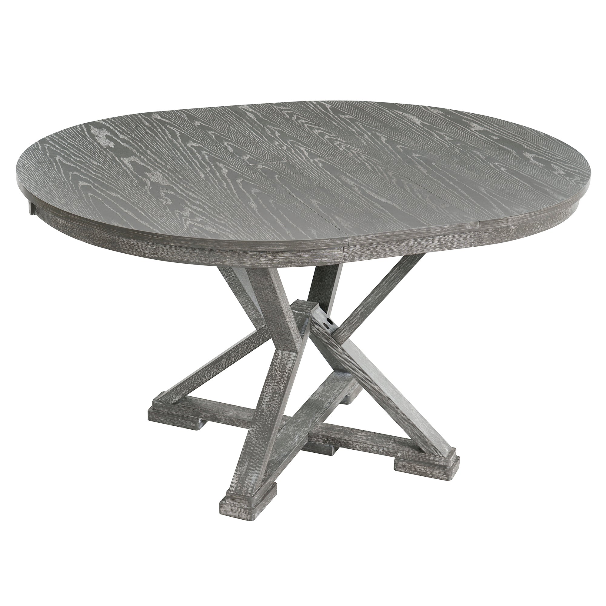 TREXM 5-Piece Extendable Round Dining Table Set for 4 - Vintage Grey Rubberwood & Linen Upholstered Chairs - 42"-54" Oval/Round Table for Kitchen, Dining Room, Living Room