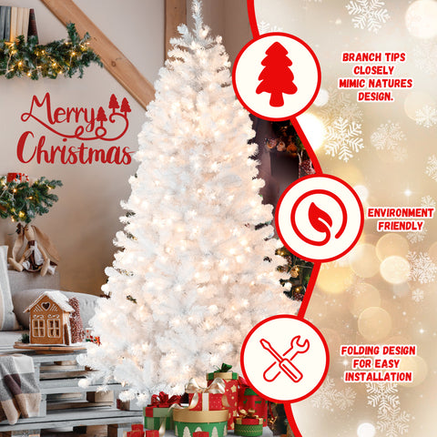 7.5FT Pre-Lit White Christmas Tree: Automatic Memory Wire, 450 Warm Incandescent Lights, 1240 Lush PVC Tips, Stable Metal Stand for Festive Home Decor