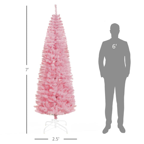 HOMCOM 7ft Pink Slim Douglas Fir Artificial Christmas Tree | 818 Realistic Branch Tips | Indoor Holiday Decor for Apartments &amp; Dorms | Easy Assembly