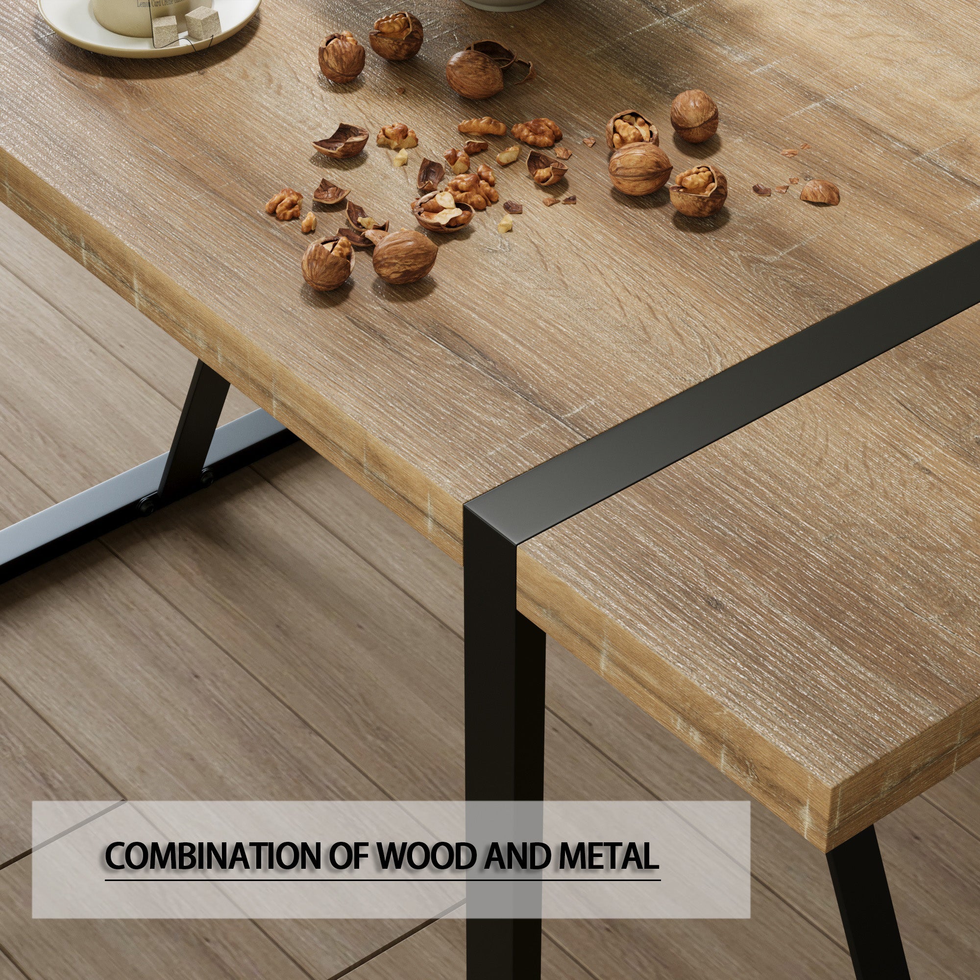 55" Rustic Farmhouse Industrial Dining Table Set for 4, MDF Wood Top, Black Metal Legs, PU Armless Chairs, Modern Kitchen & Dining Room Furniture, Easy Assembly