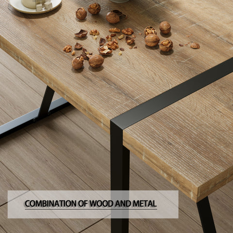 55" Rustic Farmhouse Industrial Dining Table Set for 4, MDF Wood Top, Black Metal Legs, PU Armless Chairs, Modern Kitchen & Dining Room Furniture, Easy Assembly