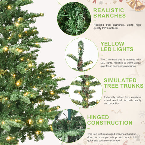 8ft Pre-Lit Artificial Christmas Tree | 1307 PE+PVC Tips, 500 Warm White LEDs | Rustic Wooden Base, Realistic Layered Green Holiday Decor for Home &amp; Indoor Use
