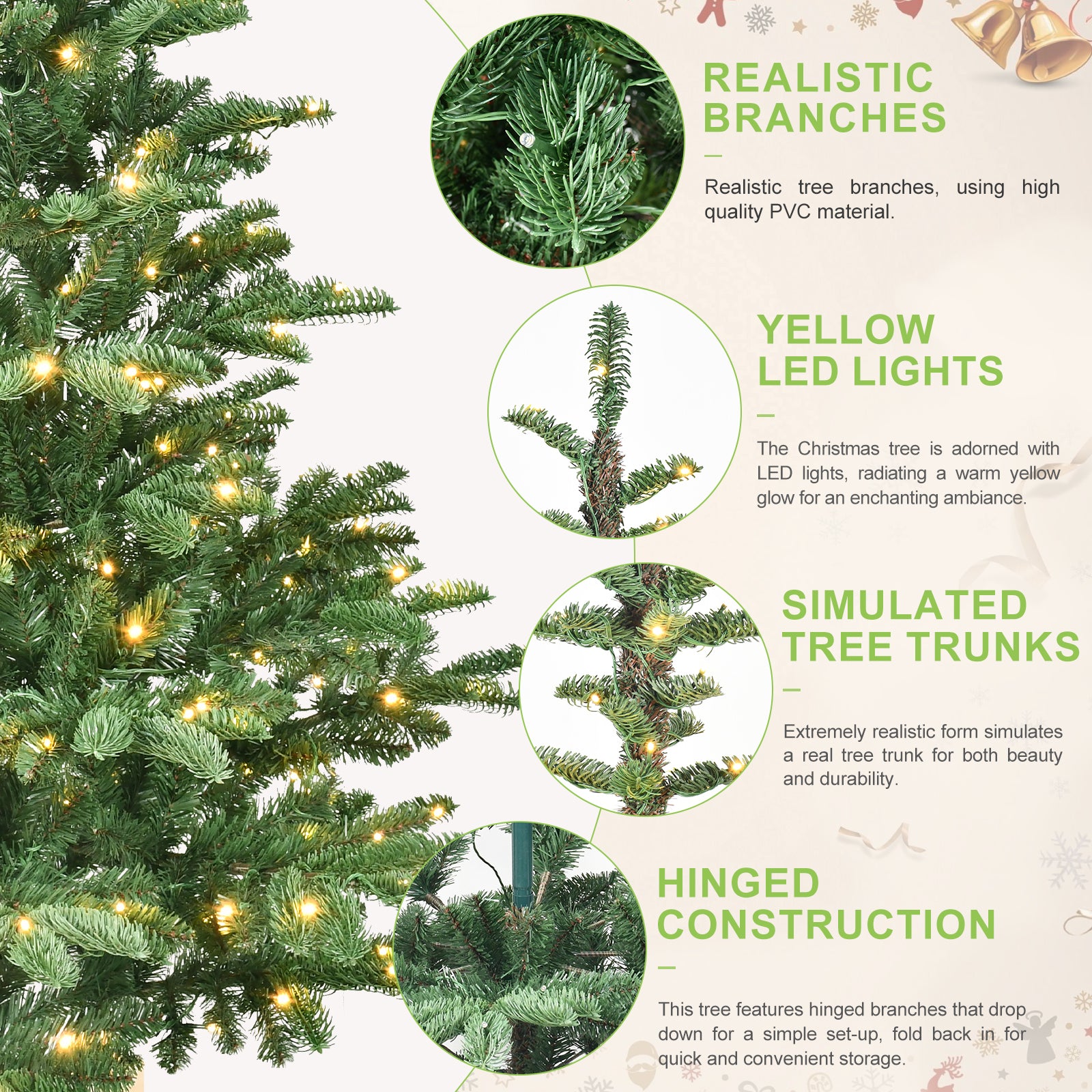 6ft Pre-Lit Artificial Christmas Tree | 611 PE+PVC Tips, 300 Warm White LEDs | Rustic Wooden Base | Realistic Layered Green Holiday Decor for Home