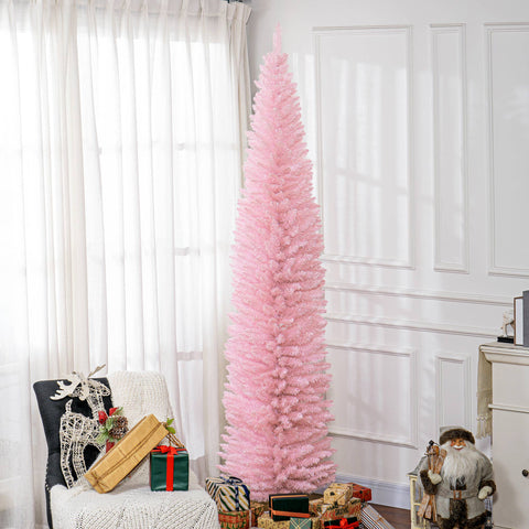 HOMCOM 8ft Pink Artificial Pencil Christmas Tree | Slim Xmas Tree with 618 Realistic Branch Tips & Plastic Stand | Flame Retardant for Home Decor