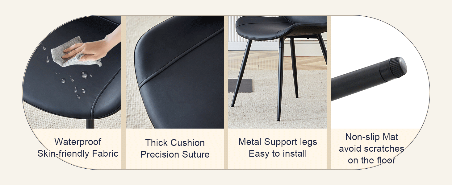 Table and chair set.A minimalist retro rectangular dining table with a specially textured top and black metal legs.Paired With 4 Black Artificial PU Chairs With Curved Widened Cushion Design.