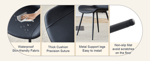 Table and chair set.A minimalist retro rectangular dining table with a specially textured top and black metal legs.Paired With 4 Black Artificial PU Chairs With Curved Widened Cushion Design.