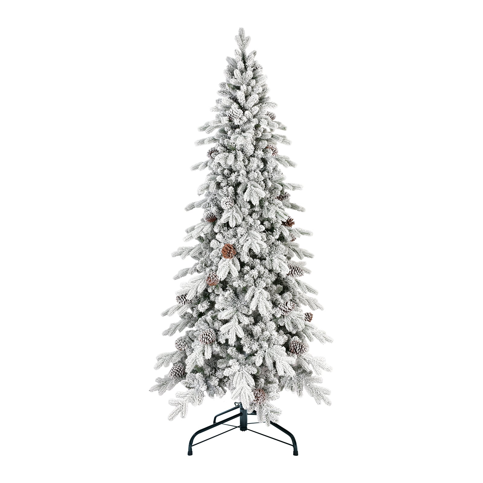 9 FT Snow-Kissed Flocked Christmas Tree: 2138 PE/PVC Tips, 52 Pine Cones, Hinged Branches, Metal Stand. Realistic Snowy White & Green Slim Design for Cozy Home & Apartment Holiday Decor.
